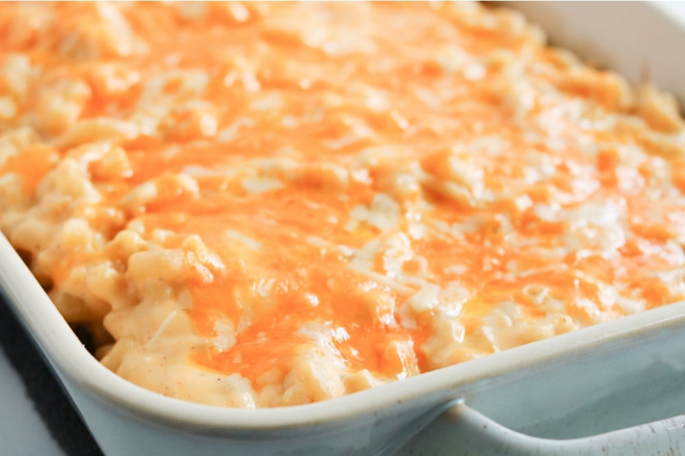 baked mac and cheese in a casserole dish