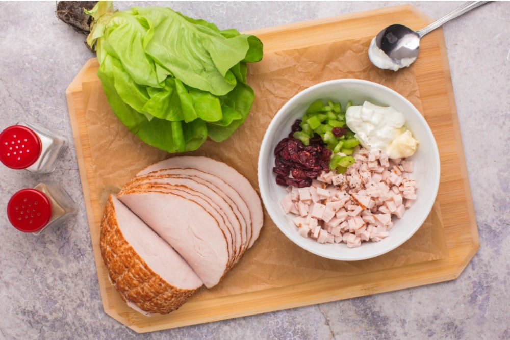 ingredients for Turkey Salad on a cutting board