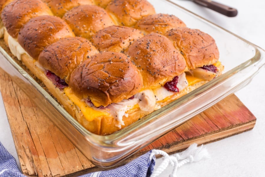 cooked Thanksgiving Turkey Sliders in a baking pan