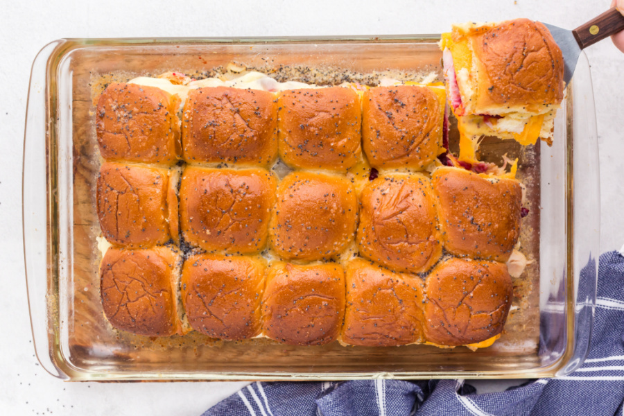 cooked Thanksgiving Turkey Sliders in a baking pan