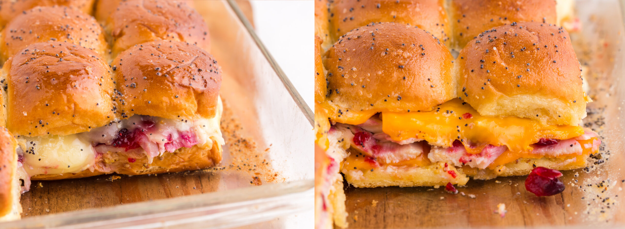 two different images showing baked sliders on a cutting board