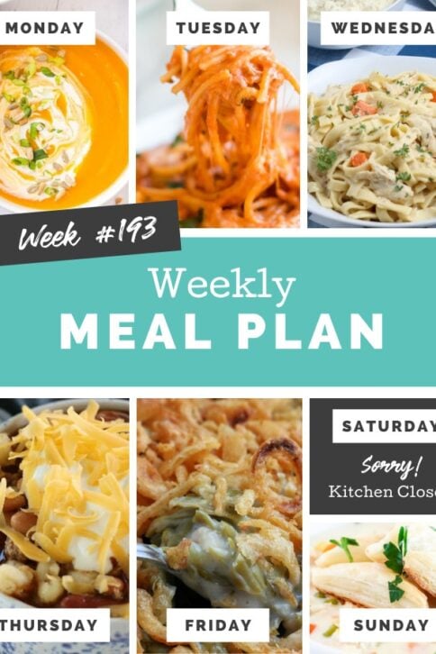 Collage image showing images of recipes from weekly meal plan