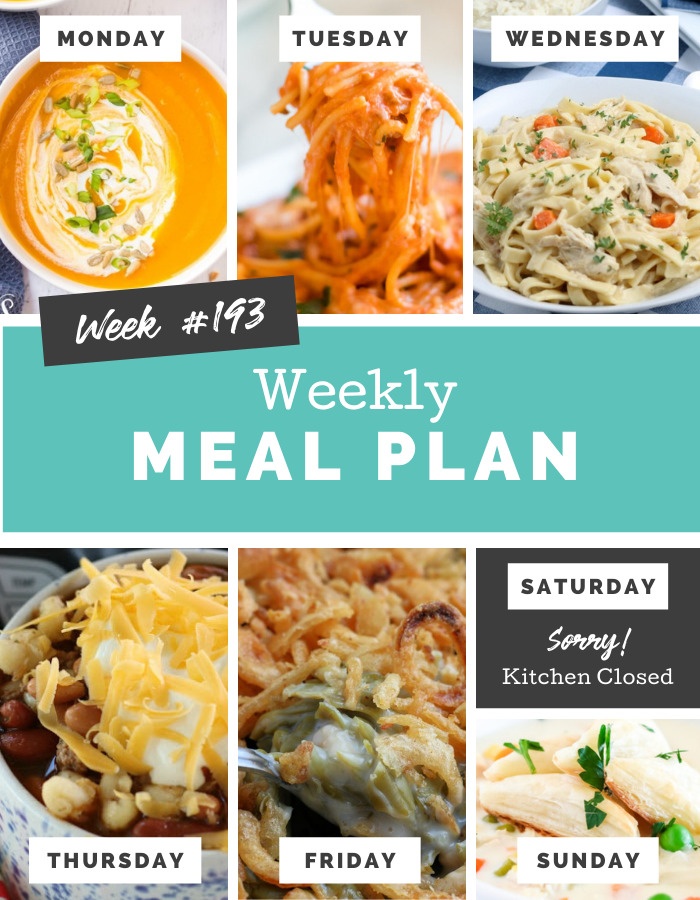 Collage image showing images of recipes from weekly meal plan