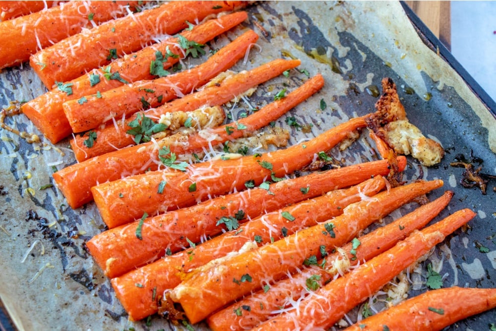 roasted carrots on a sheet pan