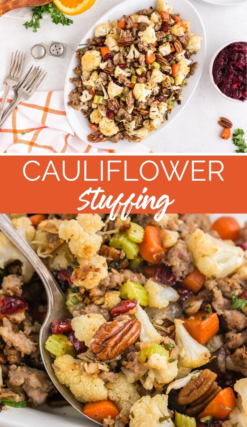 This Savory Cauliflower Stuffing tastes exactly like stuffing. It’s loaded with all the traditional flavors of onion, herbs, sausage, veggies, cranberries and nuts. via @familyfresh