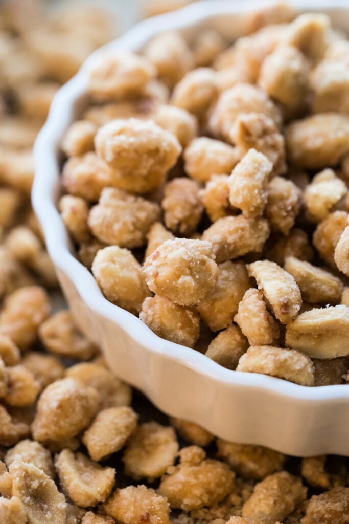 candied peanuts in a white bowl