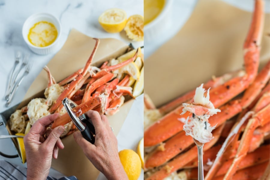 two images show how to break open crab legs and pull out meat