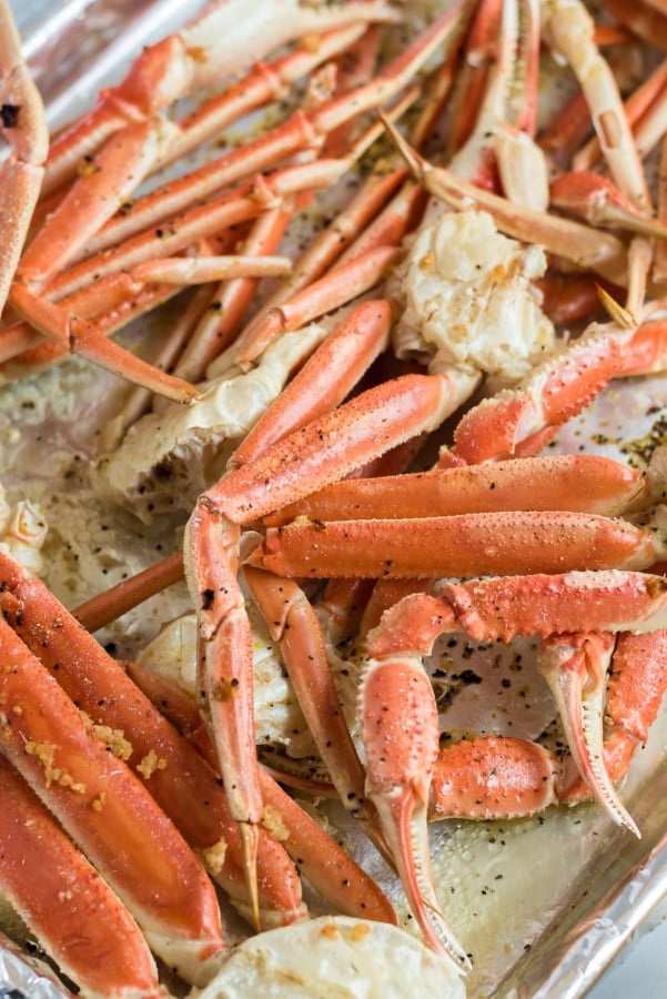 crab legs on a baking sheet