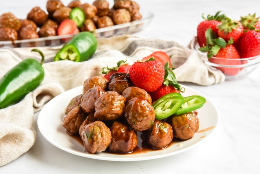 Strawberry Jalapeno Meatballs on a white plate