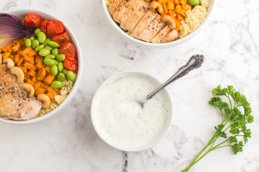 white sauce in a small bowl with a spoon