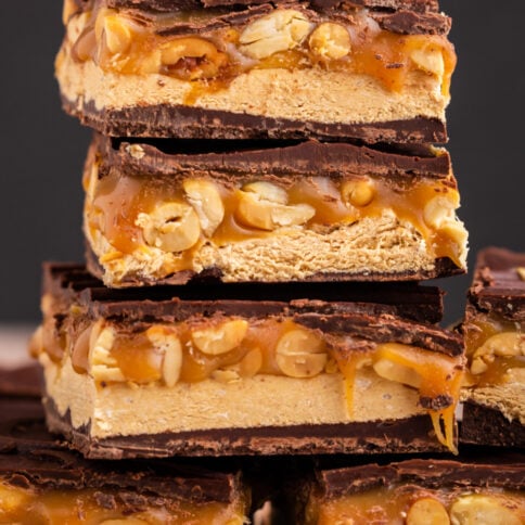 homemade snickers bars stacked up