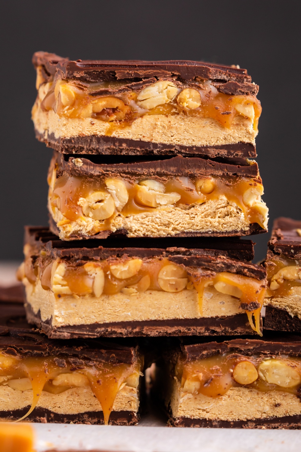 homemade snickers bars stacked up
