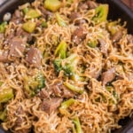 Take Out Beef and Broccoli Ramen Noodles in a cast iron pan