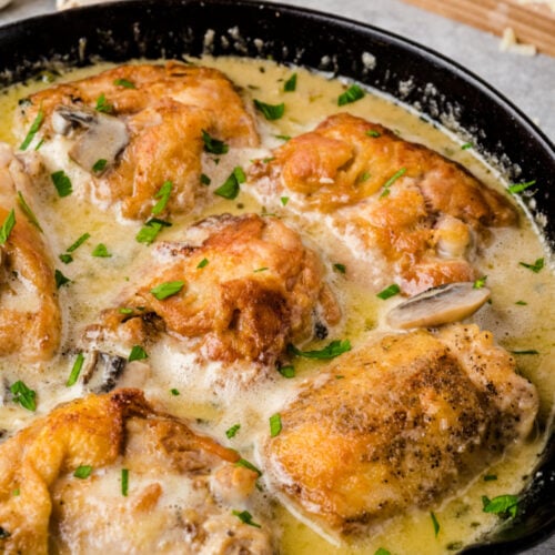 Creamy Mushroom Chicken Thighs in a cast iron pan