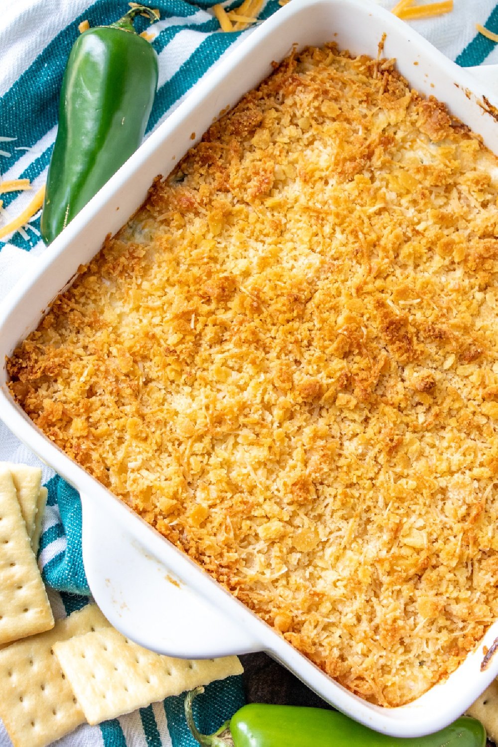 Baked Jalapeno Dip in a white baking dish