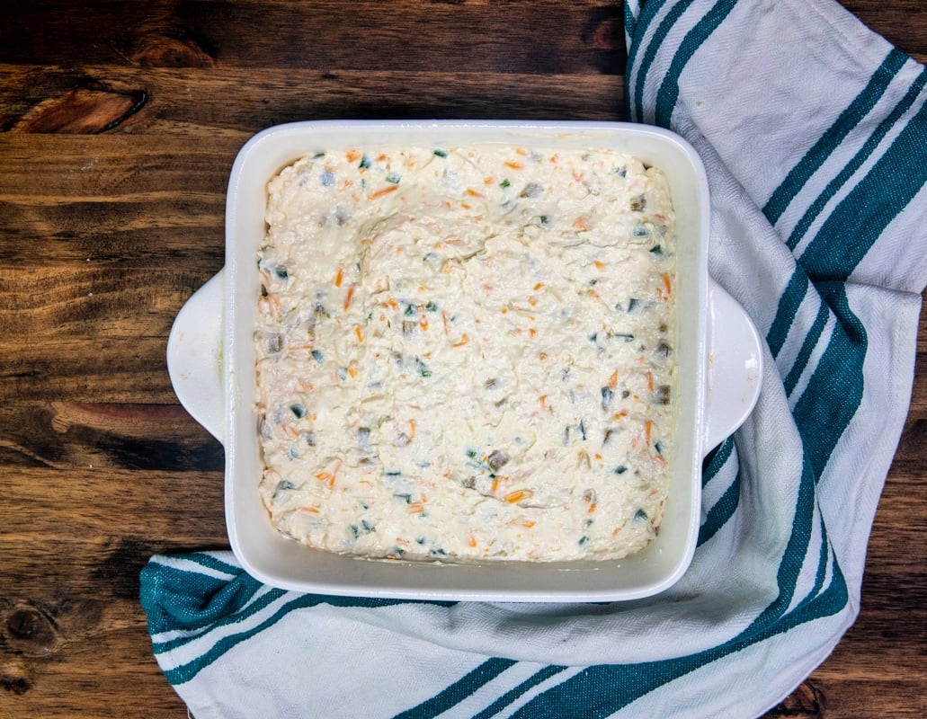 cream cheese mixture in a square baking dish