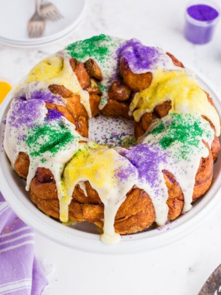 king cake on a white platter