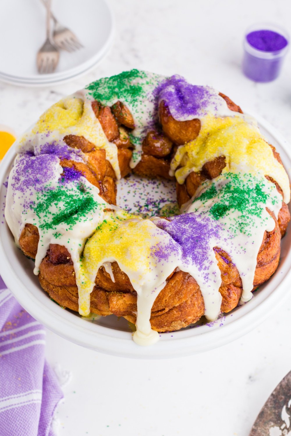 king cake on a white platter