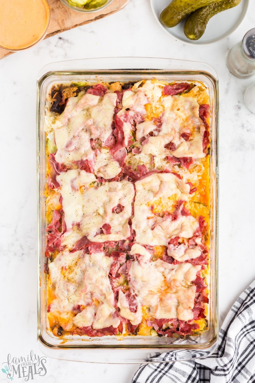 cooked reuben casserole in a baking dish