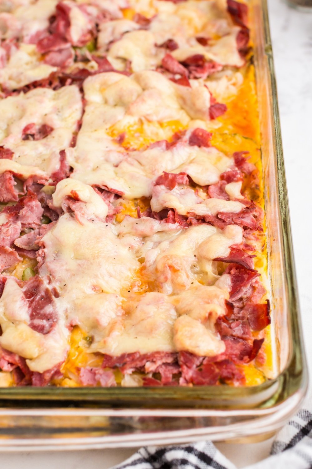 cooked reuben casserole in a baking dish