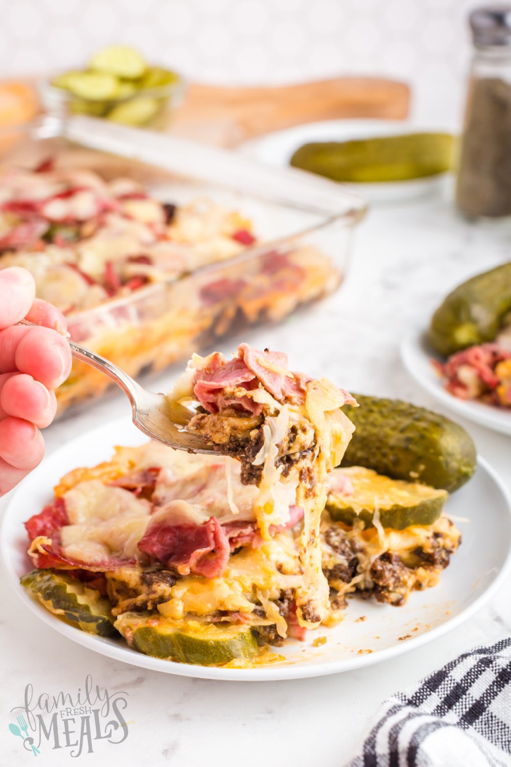 This Reuben Casserole turns a classic sandwich into an easy family-size casserole meal. All your favorite Rueben ingredients are in this dish via @familyfresh