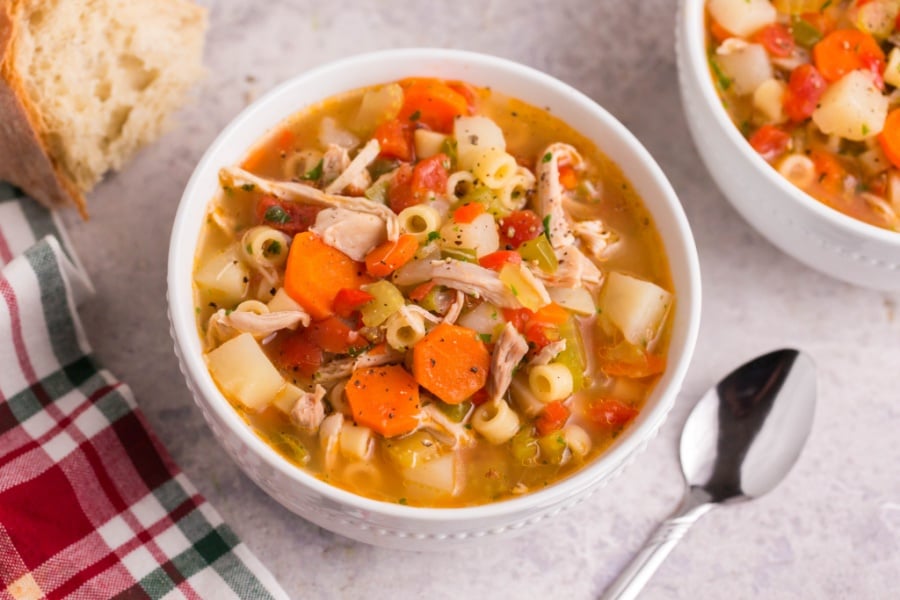 Sicilian Chicken Noodle Soup in a white bowl