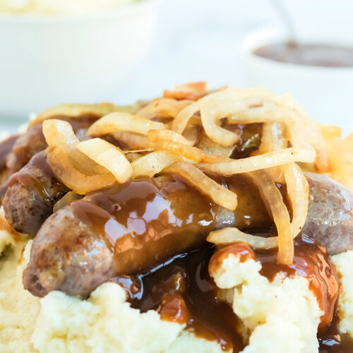 serving of bangers and mash on a plate