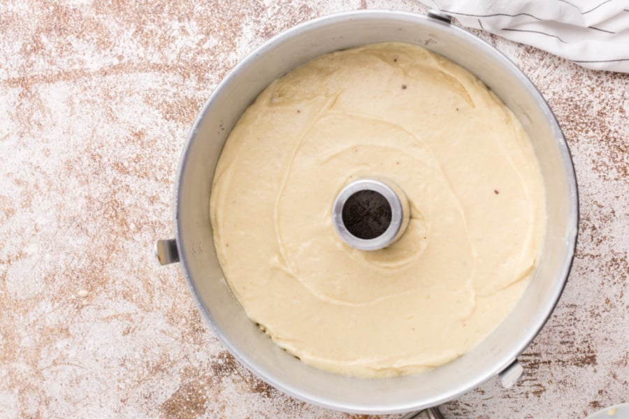 cake batter placed in bundt cake pan