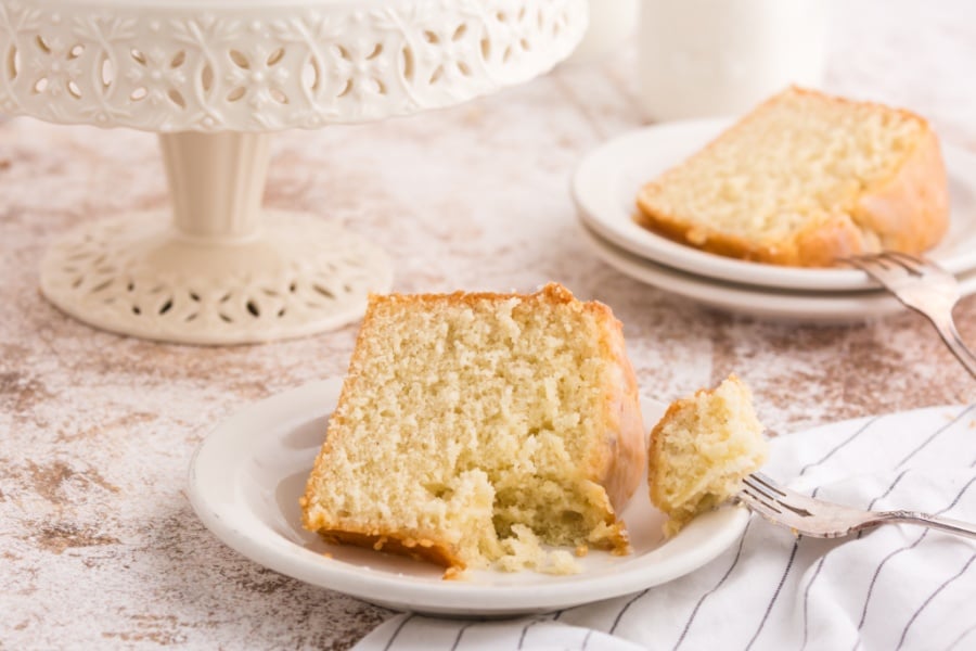 piece of Buttermilk Donut Bundt Cake on a plate with a fork