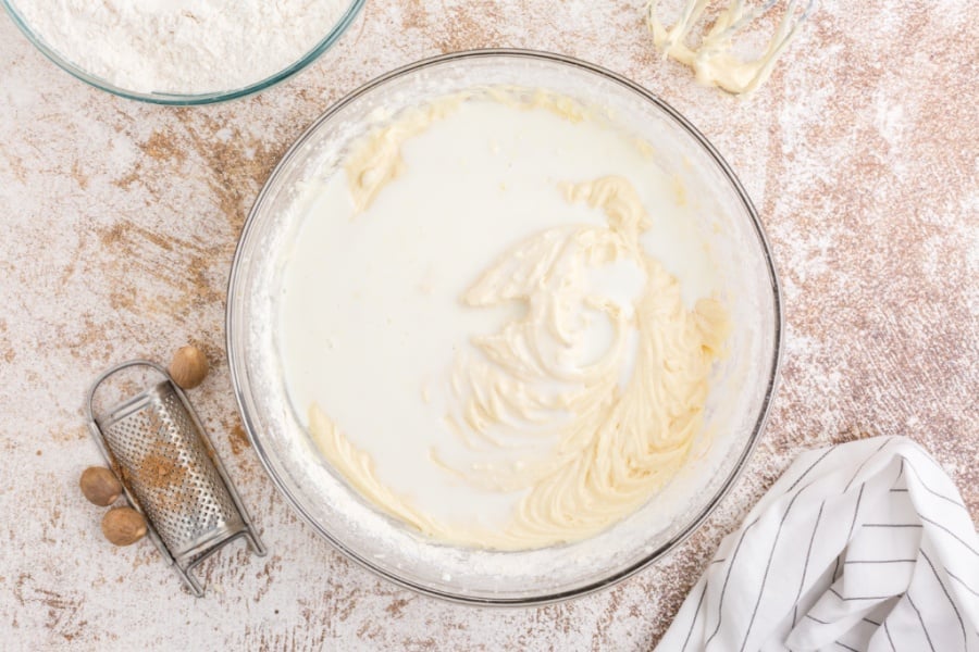 buttermilk being added to mixing bowl