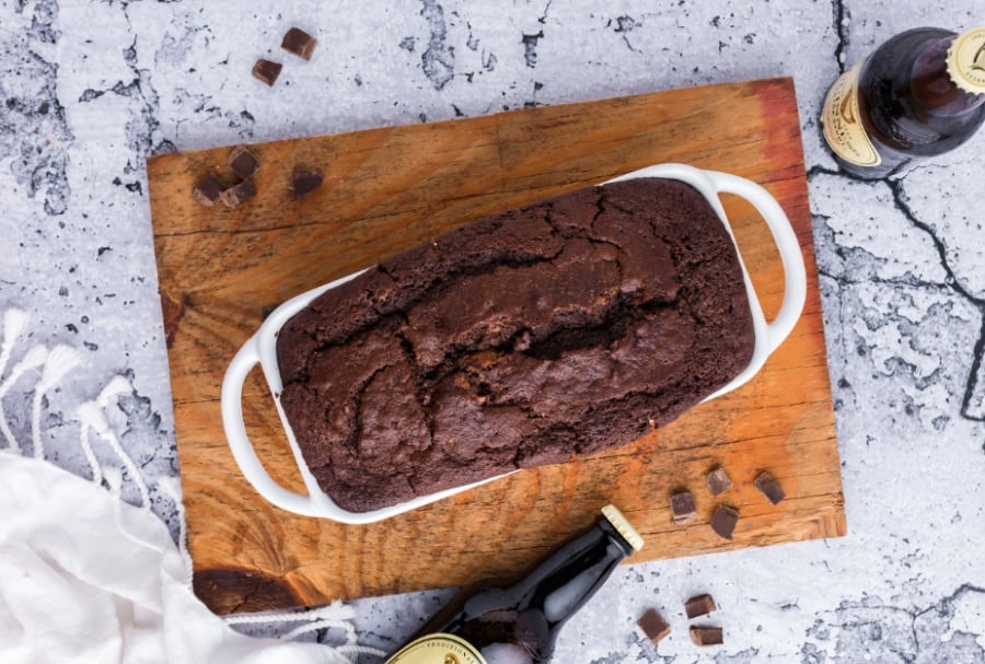 cooked Guinness Chocolate bread in a white bread pan