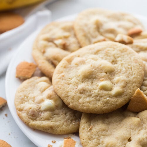 stack of banana pudding cookies on plate