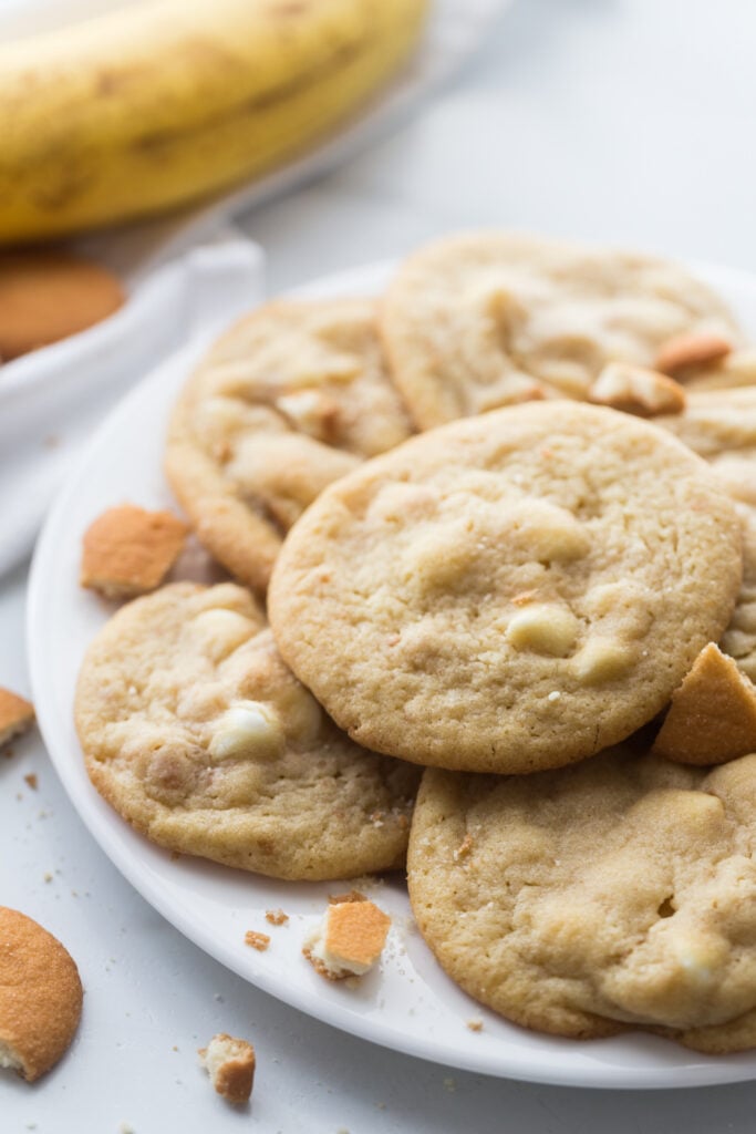 stack of banana pudding cookies on plate