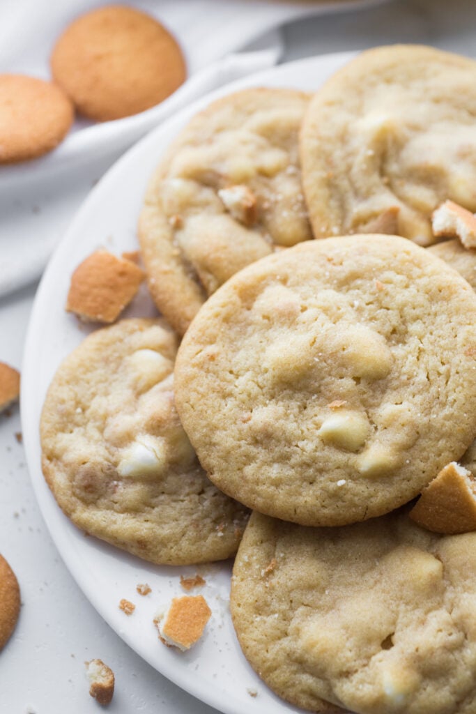 stack of banana pudding cookies on plate