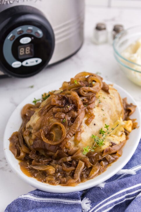 Crockpot French Onion Meatloaf on a white plate