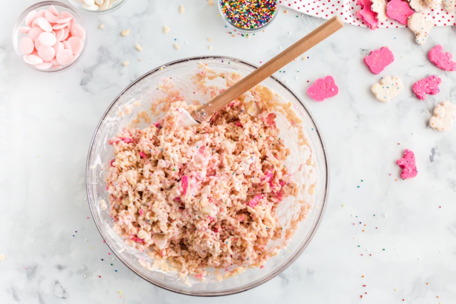 rice krispie treat mixture in a mixing bowl