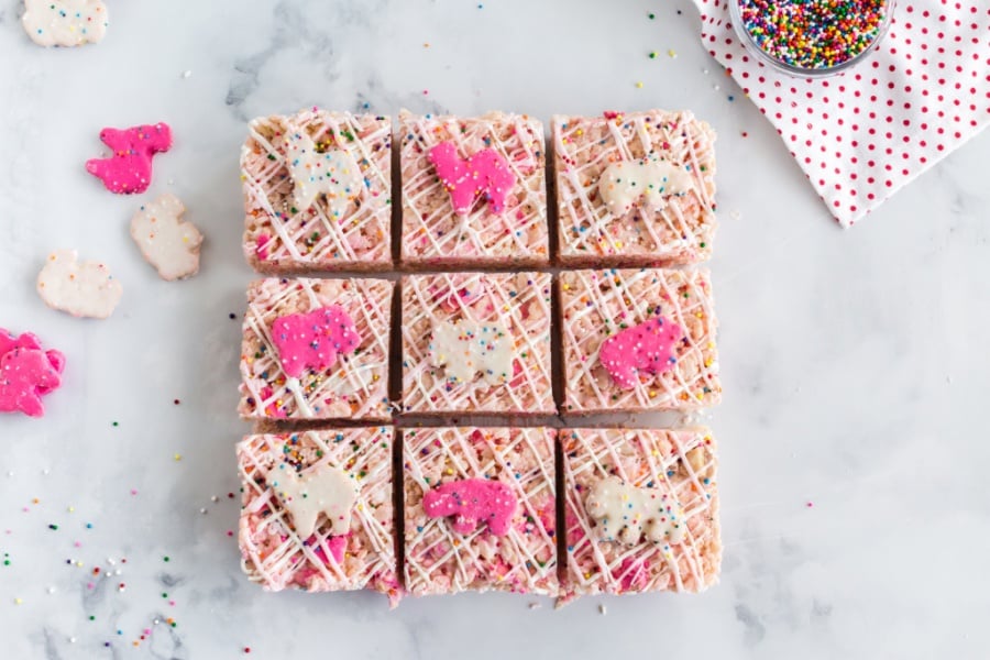 Circus Animal Rice Krispie treats cut into nine pieces