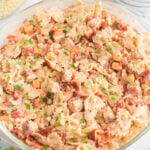 BBQ Chicken Pasta Salad in a large glass bowl