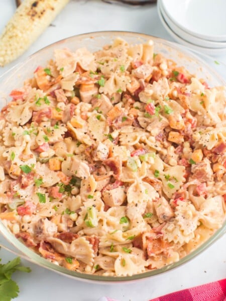BBQ Chicken Pasta Salad in a large glass bowl