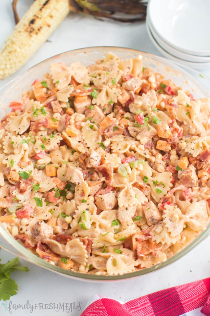 BBQ Chicken Pasta Salad in a large glass bowl