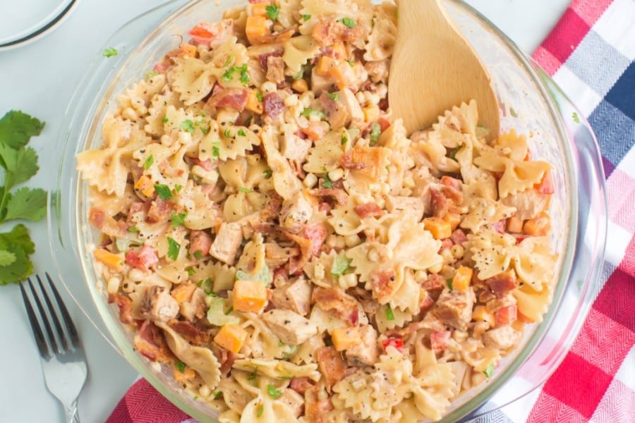 BBQ Chicken Pasta Salad in a mixing bowl