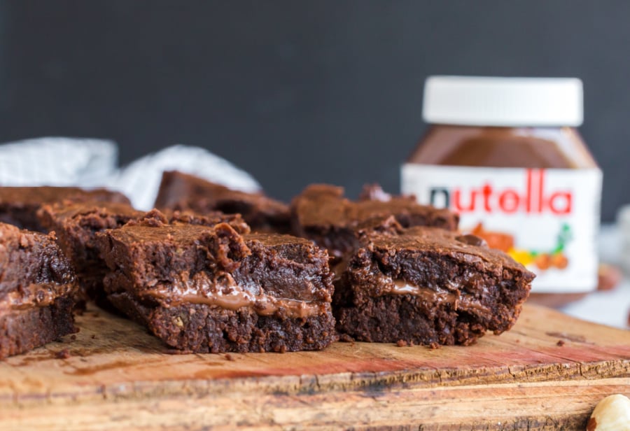 Nutella Stuffed Brownies on a cutting board