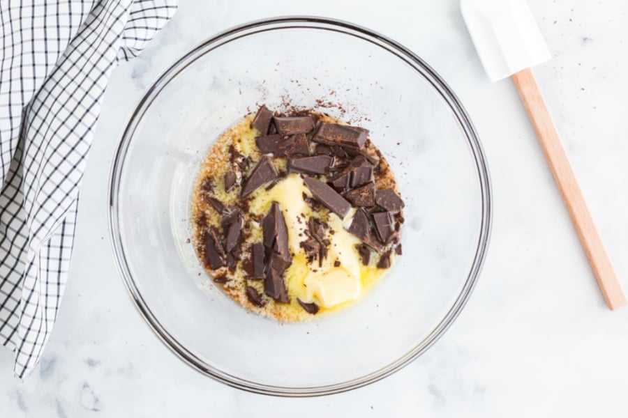 chocolate and melted butter in a mixing bowl