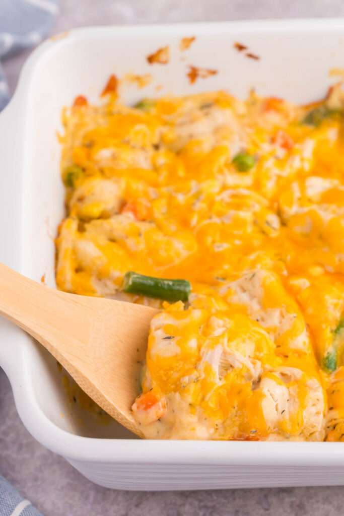 Chicken Pot Pie Bubble up Casserole in baking dish