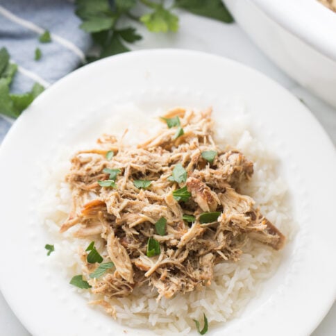Crockpot Brown Sugar Balsamic Chicken recipe on a plate with rice