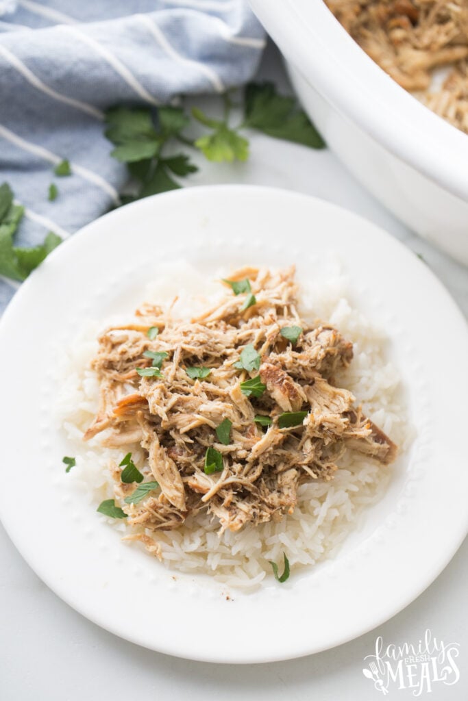 Crockpot Brown Sugar Balsamic Chicken recipe on a plate with rice
