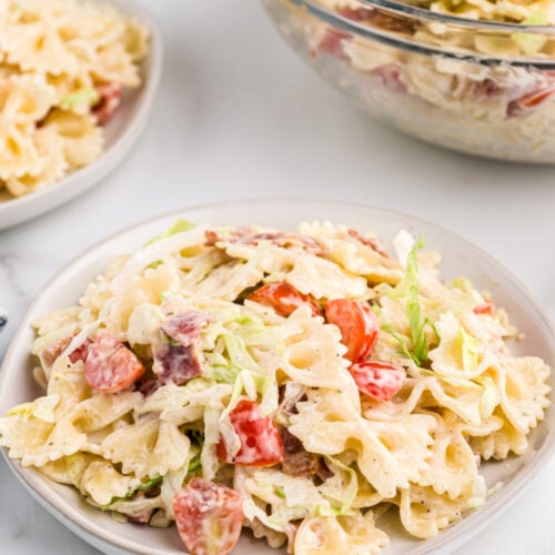 plate with blt pasta salad