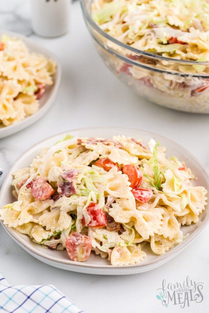 plate with blt pasta salad