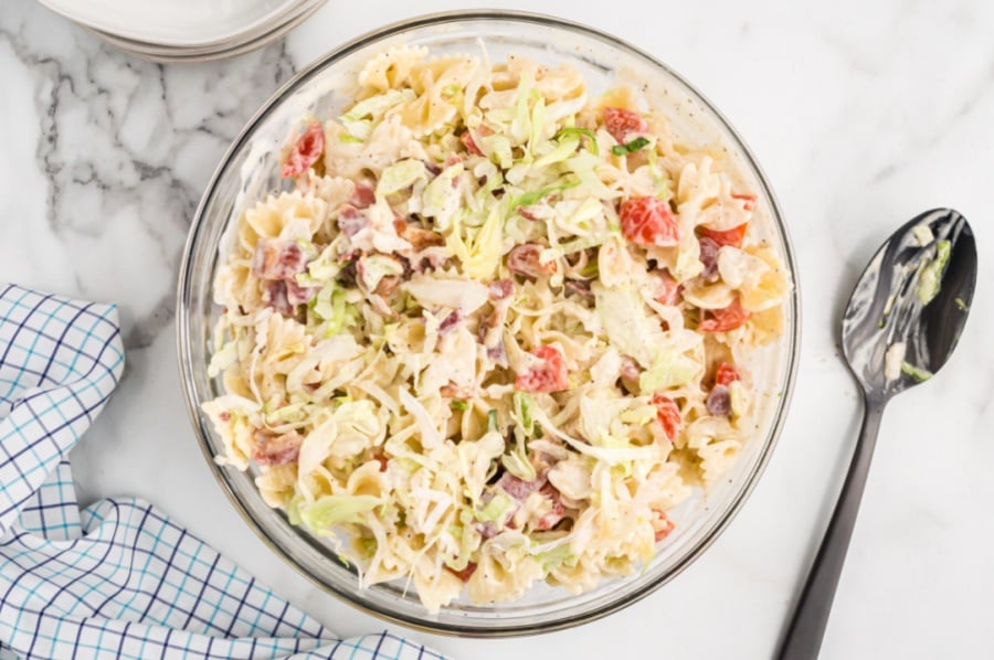 blt pasta salad in a mixing bowl