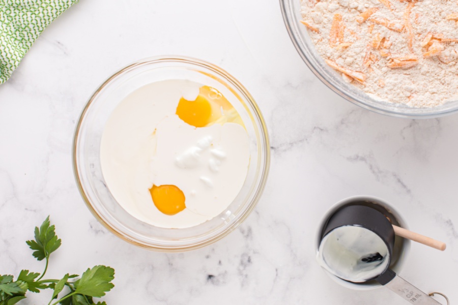 egg, heavy cream, plain Greek yogurt, and honey in a small mixing bowl